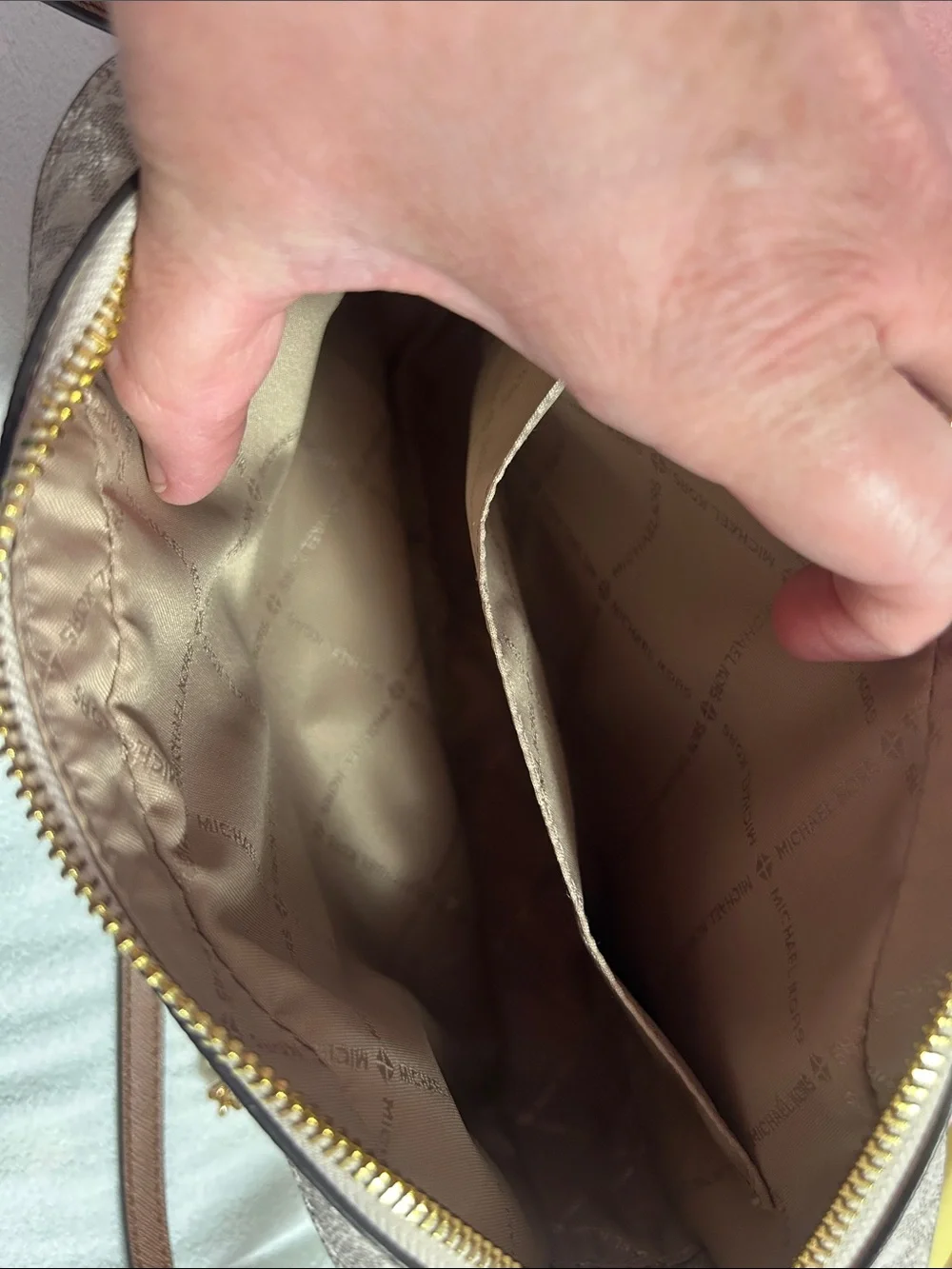 Michael Kors Beige Signature Crossbody with Acorn Trim and Gold Chain